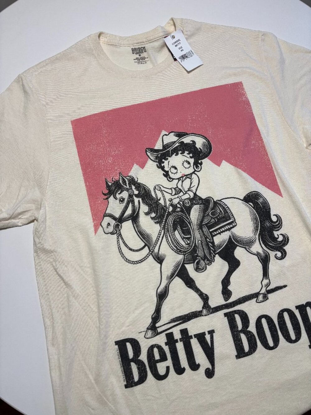 BRISCO BRANDS WHITE PINK & BLACK COWGIRL BETTY BOOP SHORT SLEEVE COTTON T-SHIRT